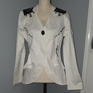 Ashro White Women's Embellished Blazer Jacket with Black Accents
